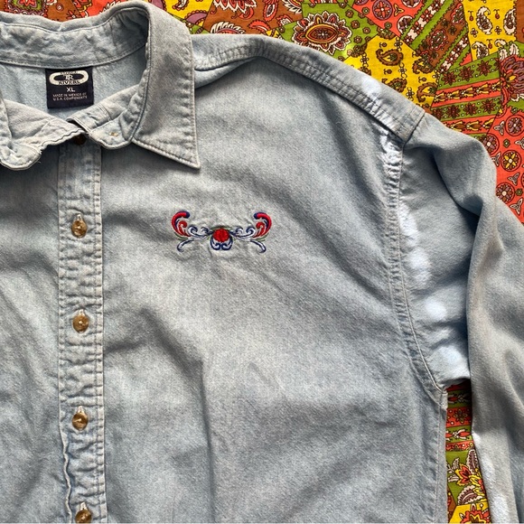 Light Blue Denim Button Down with Floral Embroidery on Chest - Picture 2 of 6